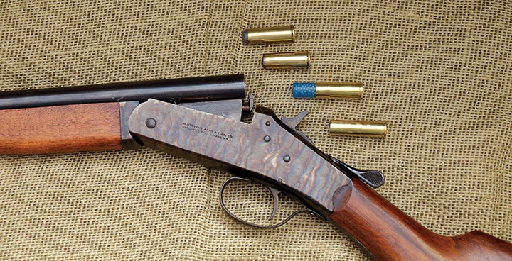 Stevens shotgun with Game Getter cartridges, roundball at top, smokeless 44 WCF case with shot, black-powder 44 WCF with Speer shot capsule and smokeless 44 XL shot cartridge.